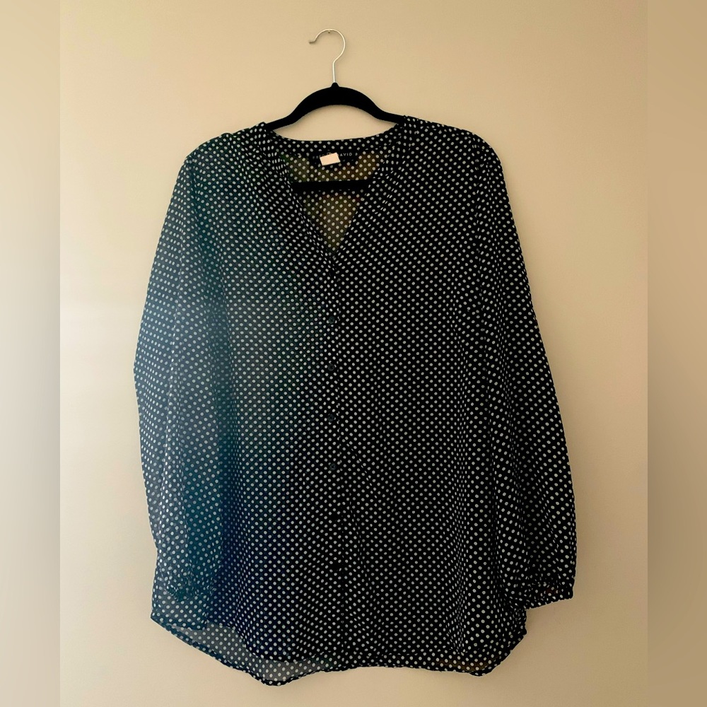 B&W polka dot sheer button up long sleeve blouse with elastic wrists